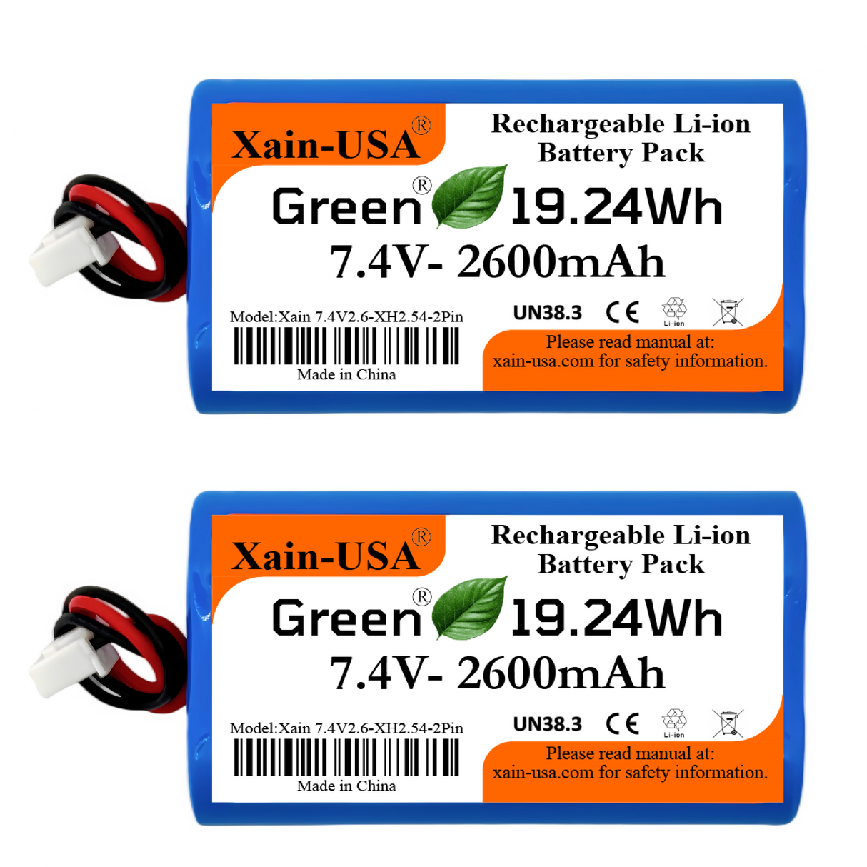 (2-Pack) 7.4V 2600mAh Li-ion Battery Pack (19.24Wh) with JST-XH 2-Pin Connector – Rechargeable 2S Pack for RC Cars, Robots, LED Lights, Portable Electronics, DIY Electronics Products