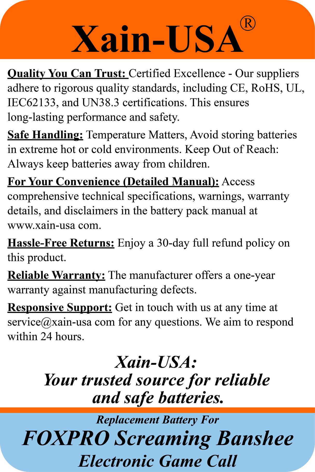 (Xain-HUNT) Powerful 6400mAh SMART Package replacement battery for FOXPRO PN: Lith/CHG & PN: 34318 / fits: Banshee, Hellfire, Krakatoa-ii, Screaming Banshee, Shockwave, Snow Commando, X1 X24 X2S Xwave