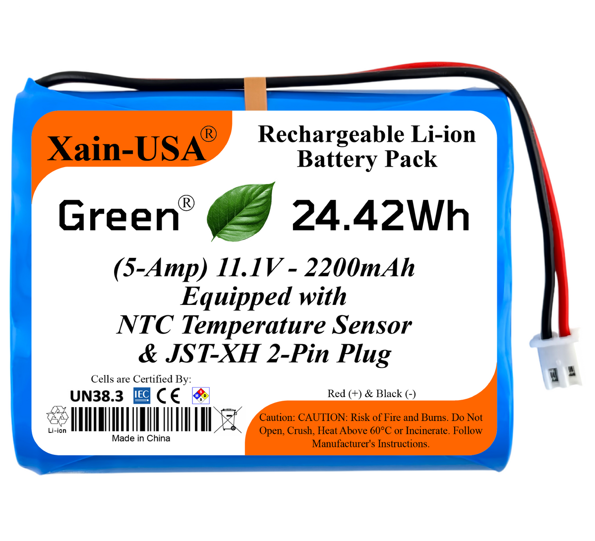 Xain-USA 11.1V 2200mAh blue battery pack with white JST-XH 2-pin plug and NTC sensor label.