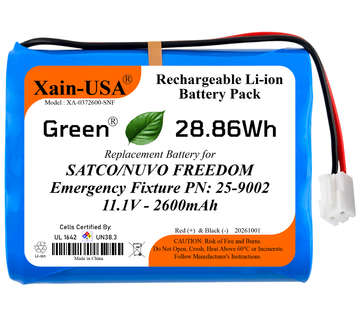Xain-USA 11.1V 2600mAh Replacement Battery for SATCO/NUVO FREEDOM Emergency Fixture | Replaces 25-9002 | Built-In BMS & 10KΩ NTC Thermistor
