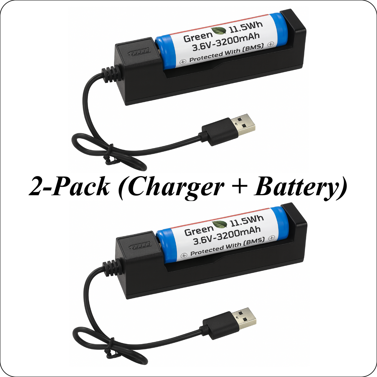 2-Pack: (Charger + 3.7V, 3200mAh Li-ion Rechargeable Battery). Ideal for flashlights, solar lights, torches, toys, radios, and other electronic devices.