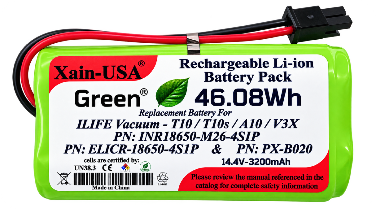14.4V 3200mAh Replacement Battery for ILIFE T10, T10s, A10, V3X Vacuum Cleaners – 46.08Wh Li-ion Battery Pack with Built-in BMS