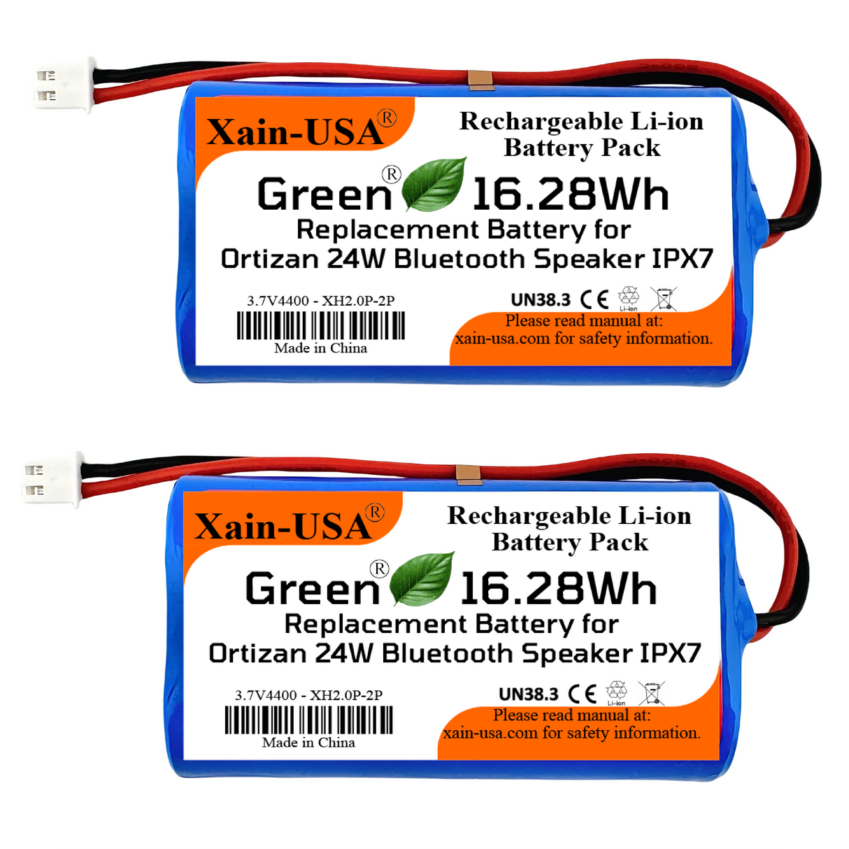 (2-Pack) Replacement Battery for Ortizan 24W Bluetooth Speaker IPX7 – 3.7V 4400mAh 16.28Wh Li-ion Rechargeable Pack with JST-XH 2P 2.54mm Connector