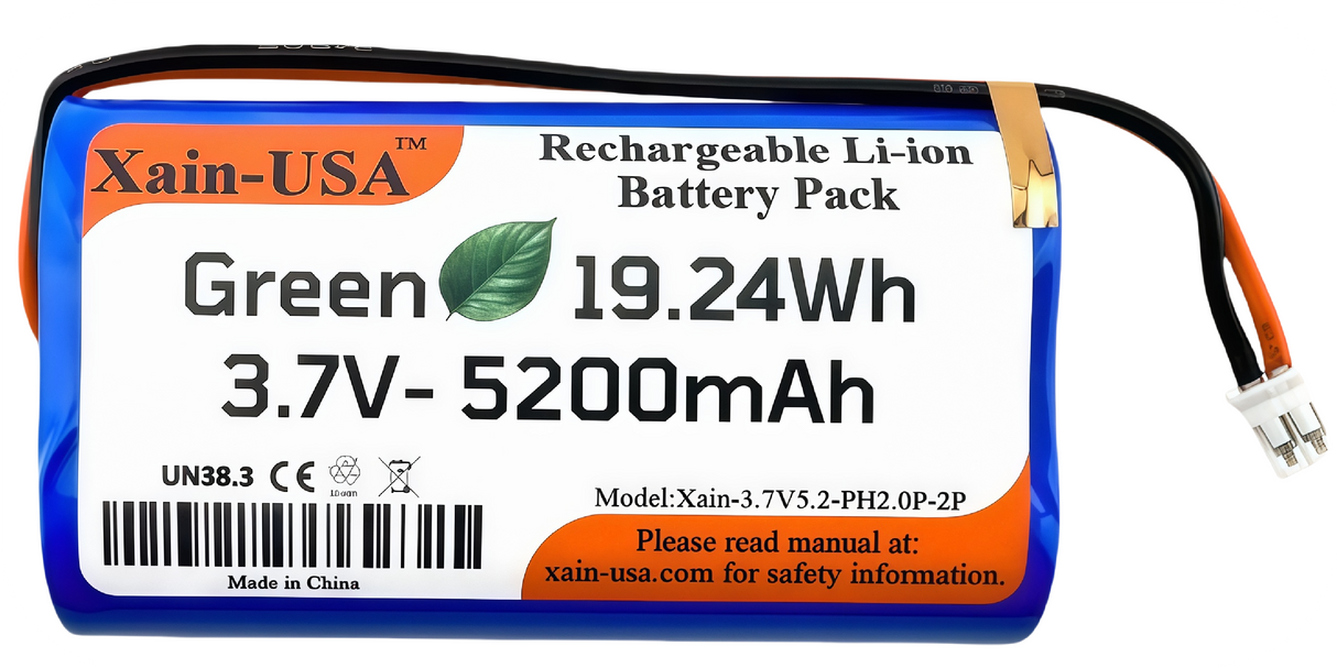 Long-Lasting 3.7V 5200mAh (19.24Wh) Rechargeable Li-ion Battery. Features JST-PH 2-Pin, Xain-Xtra 1000+ Cycle Cells, and Integrated 3-MOS BMS.