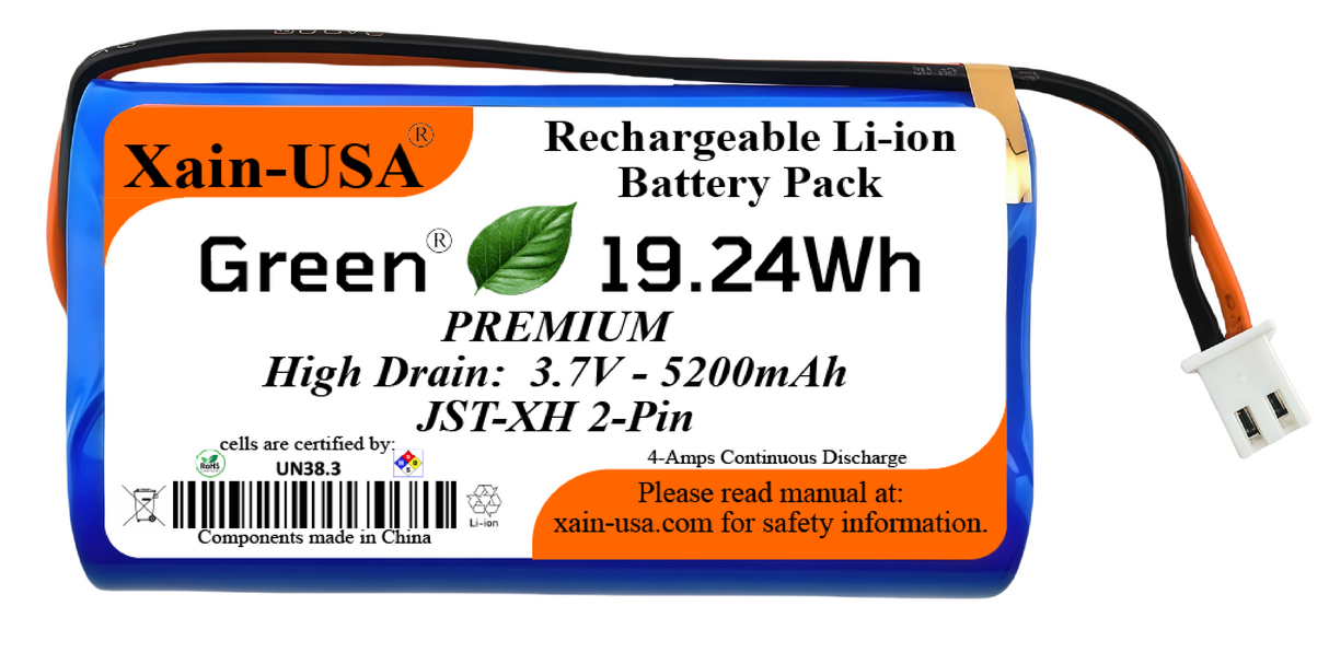 Premium 3.7V 5200mAh / High Drain / 1000+ cycles / Li-ion Battery Pack / with JST-XH 2-pin Plug / Supports 4A Continuous Discharge / Ideal for Bluetooth speakers, toys, lighting, and electronics.