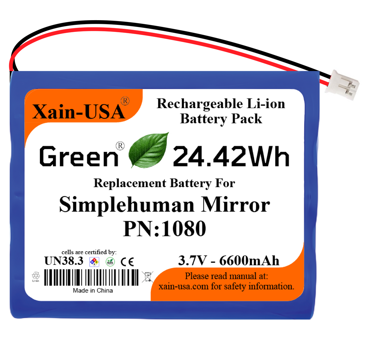 Replacement Battery PN: BT1080 for Simplehuman Mirrors (ST3024 ST3026 ST3027 ST3028) | 3.7V 6600mAh | Please Verify Part Number and Connector Before Purchase
