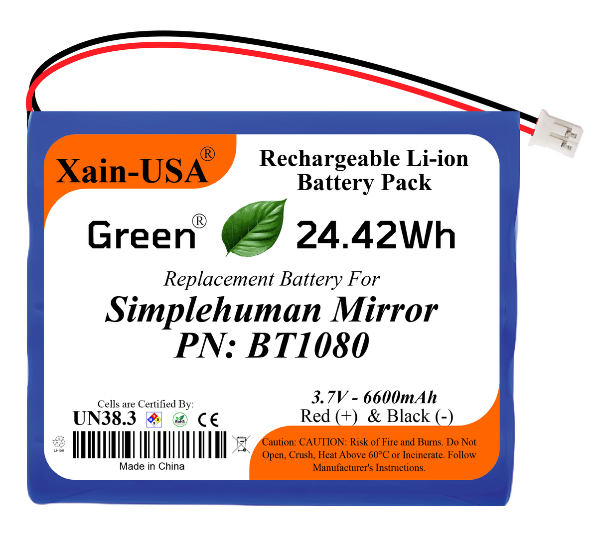Xain-USA BT1080 3.7V 6600mAh replacement battery for Simplehuman mirrors with white 2-pin plug.