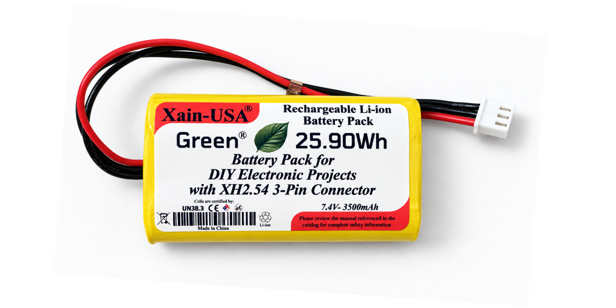Yellow 7.4V 3500mAh battery pack for DIY electronics with white JST-XH 3-pin connector.