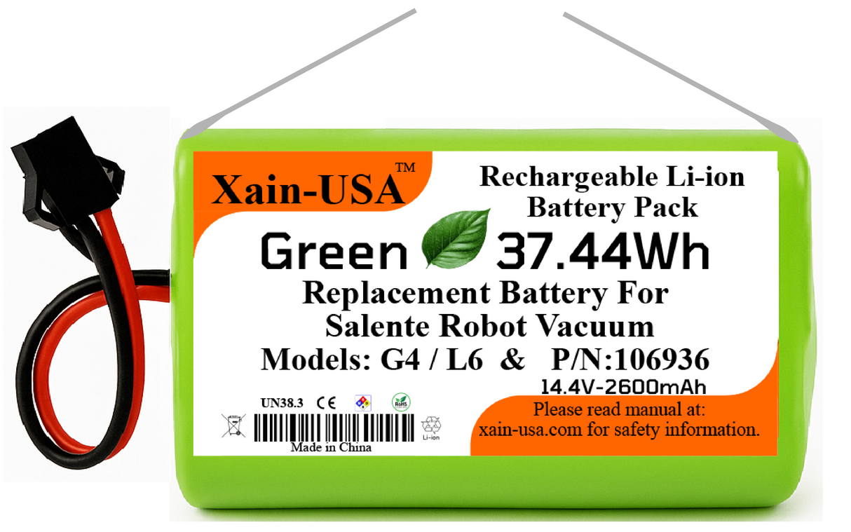 Replacement Battery for Salente G4 & L6 Robot Vacuum Cleaners PN: 106936, 14.4V - 2600mAh (37.4Wh) with Built-in Battery Management System (BMS)