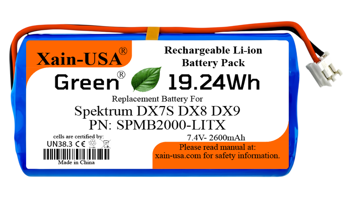 7.4V 2600mAh Li-Ion Replacement Battery for Spektrum DX7S/DX8/DX9 Transmitters, PN SPMB2000LITX, JST-EH2.54 2-Pin, Built-in BMS