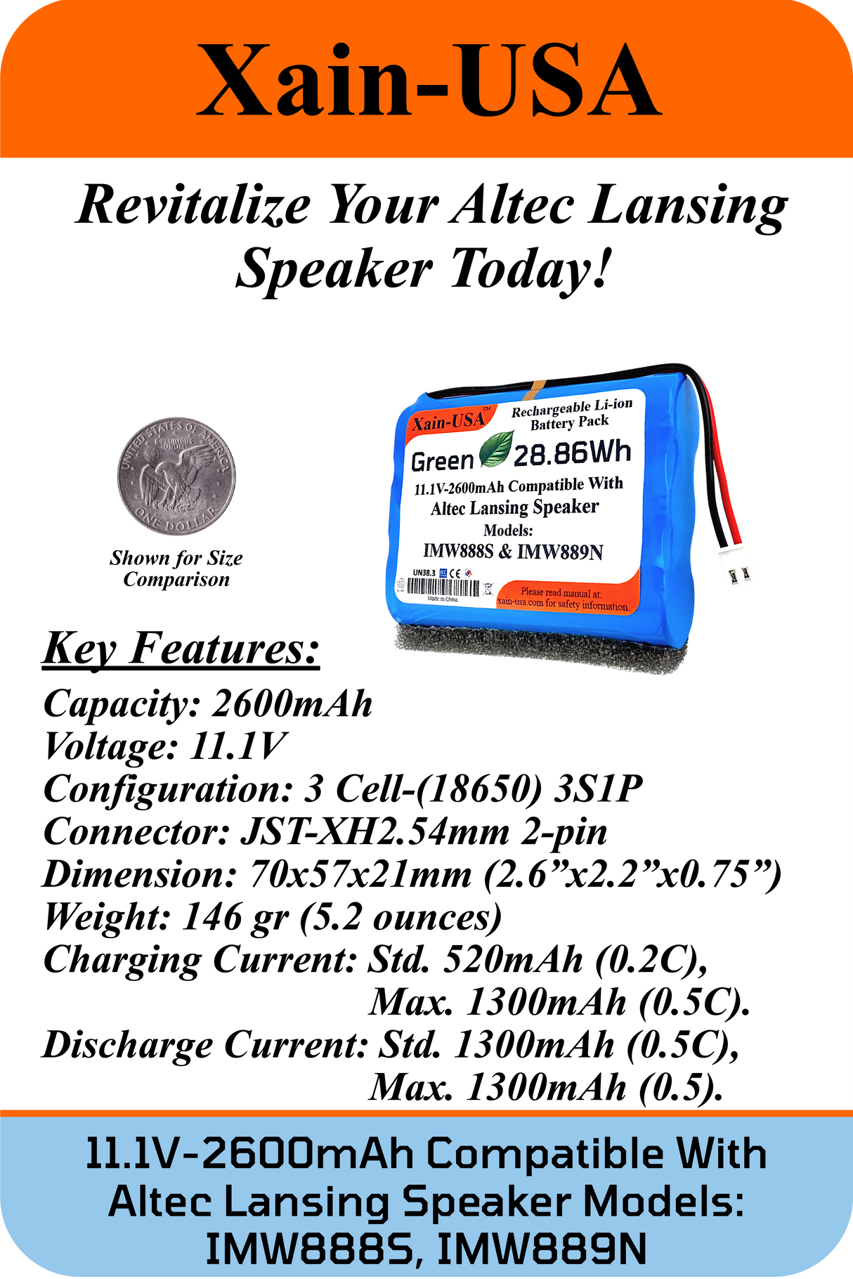 11.1V 2600mAh JST-PH 2.0 for Altec Lansing Speakers