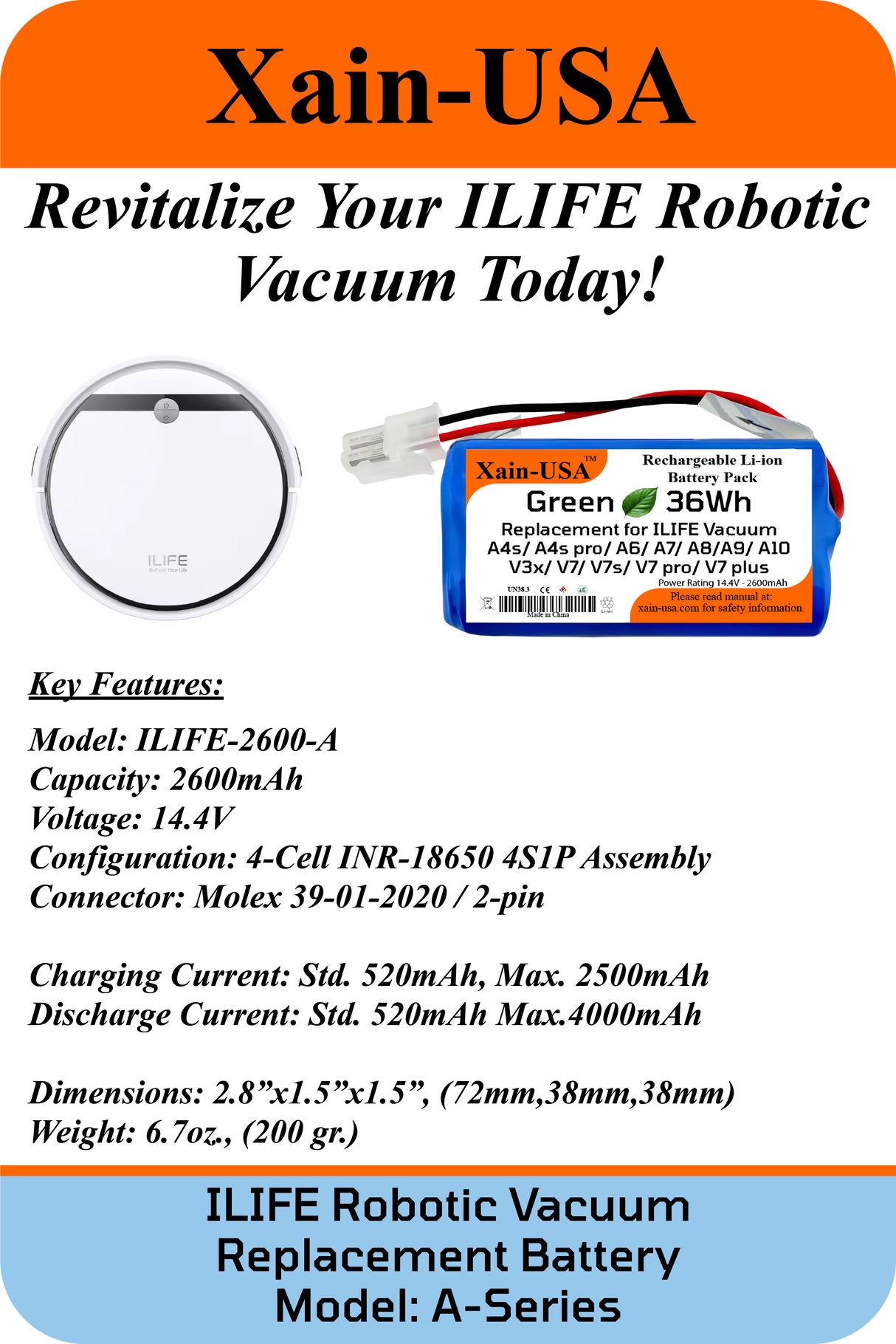 14.4V 2600mAh for ILIFE Vacuum