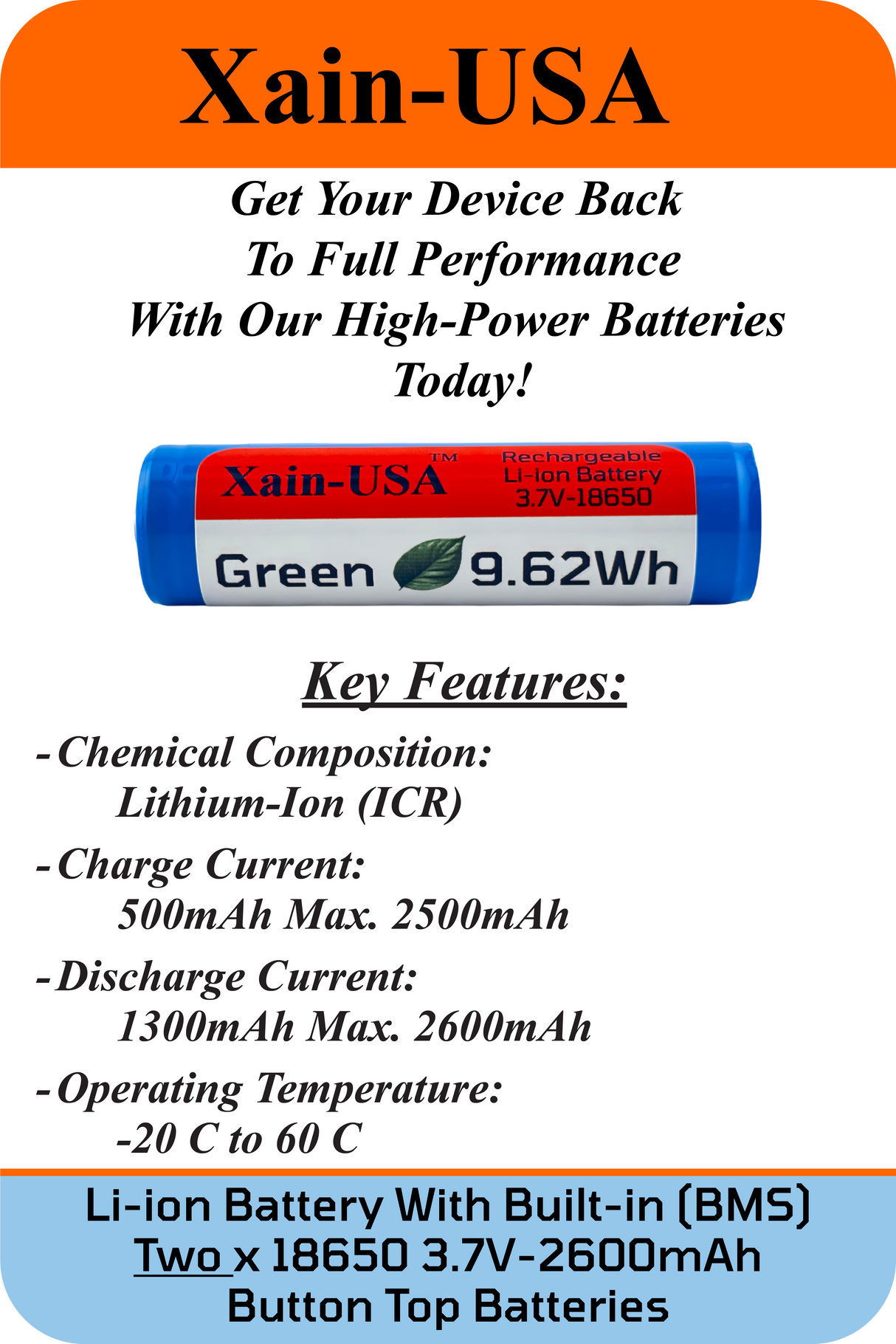 2-Pack 3.7V 2600mAh 18650 Button Top