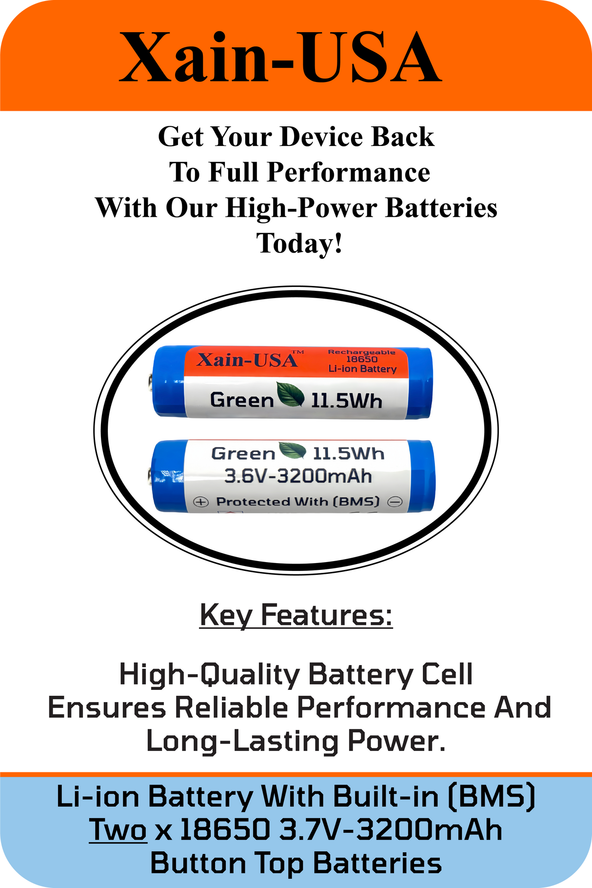 2-Pack 3.7V 3200mAh 18650 Button Top with Charger