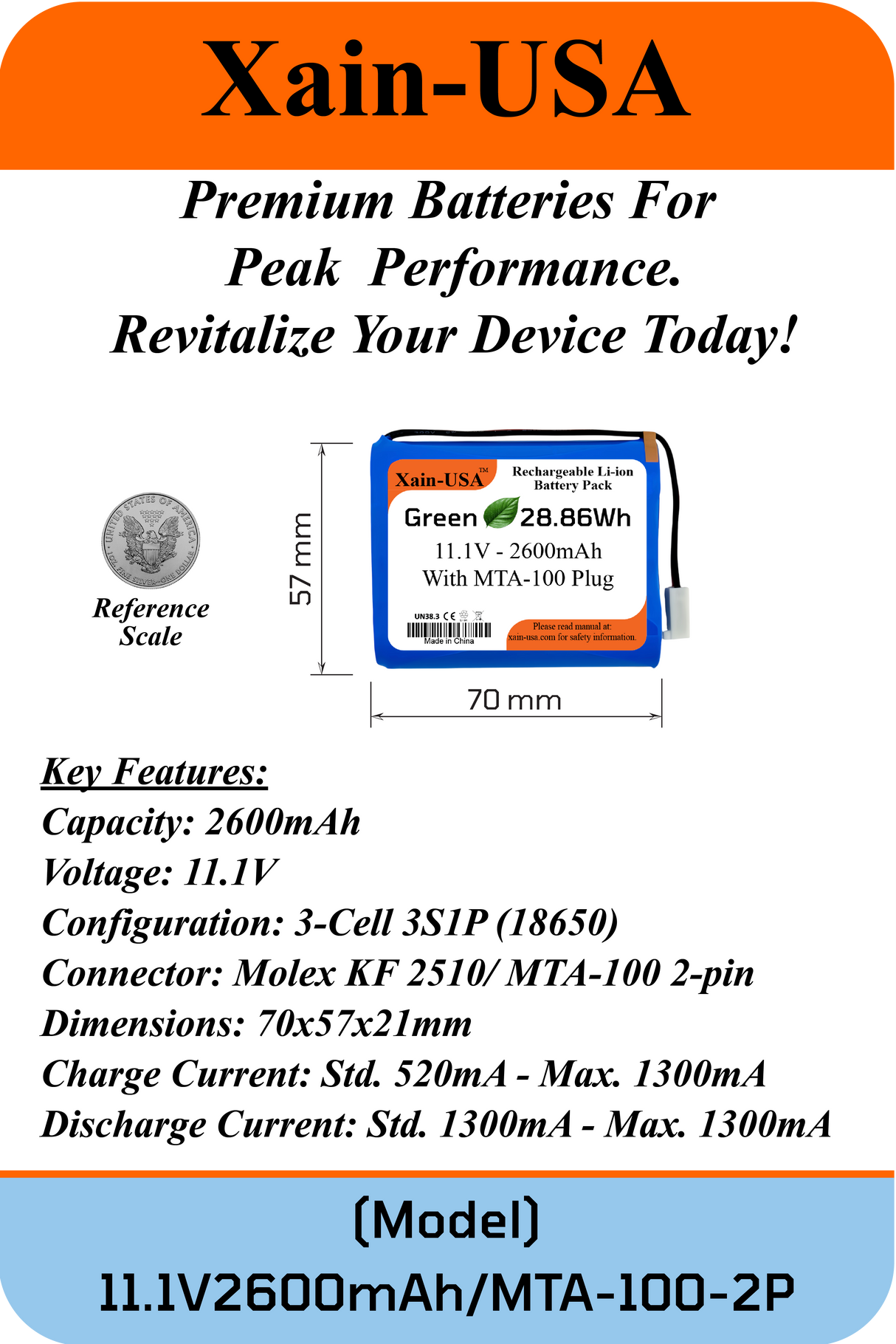 11.1V 2600mAh JST-MTA 100