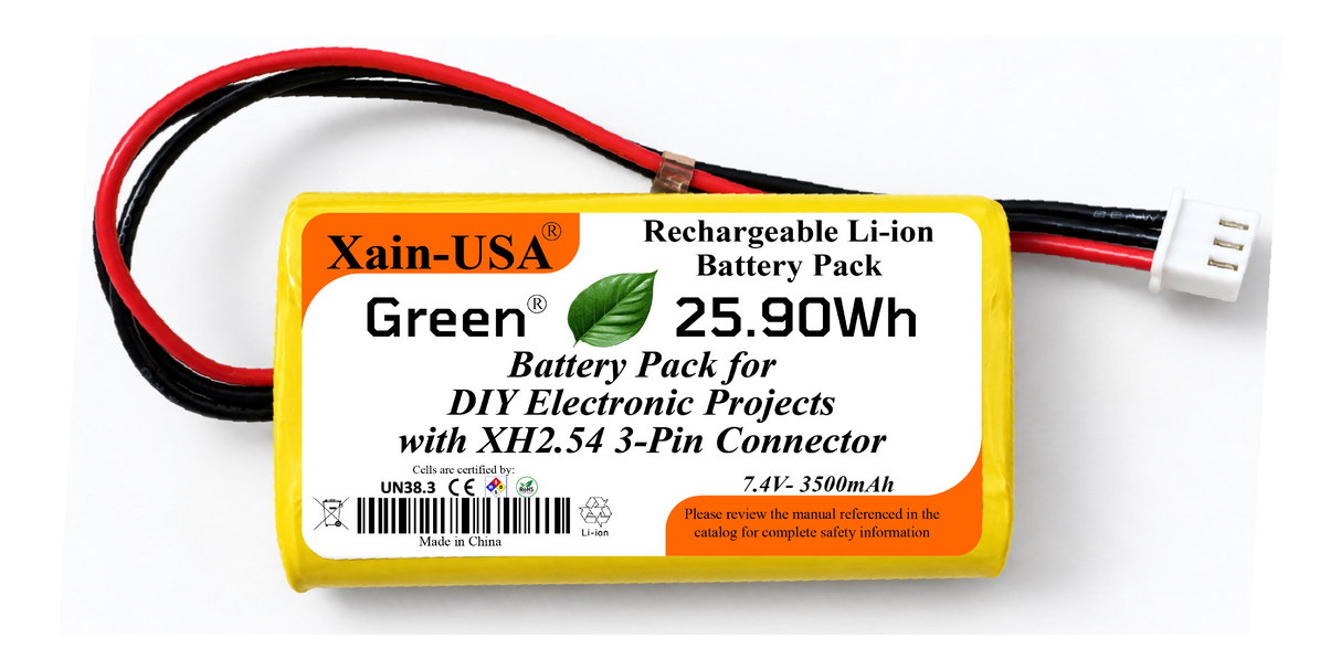 7.4V 3500mAh Li-ion Battery Pack for DIY Electronics and Robotics, JST-XH 3-Pin Connector, Balance Charging, Built-in BMS, 5A Continuous Discharge