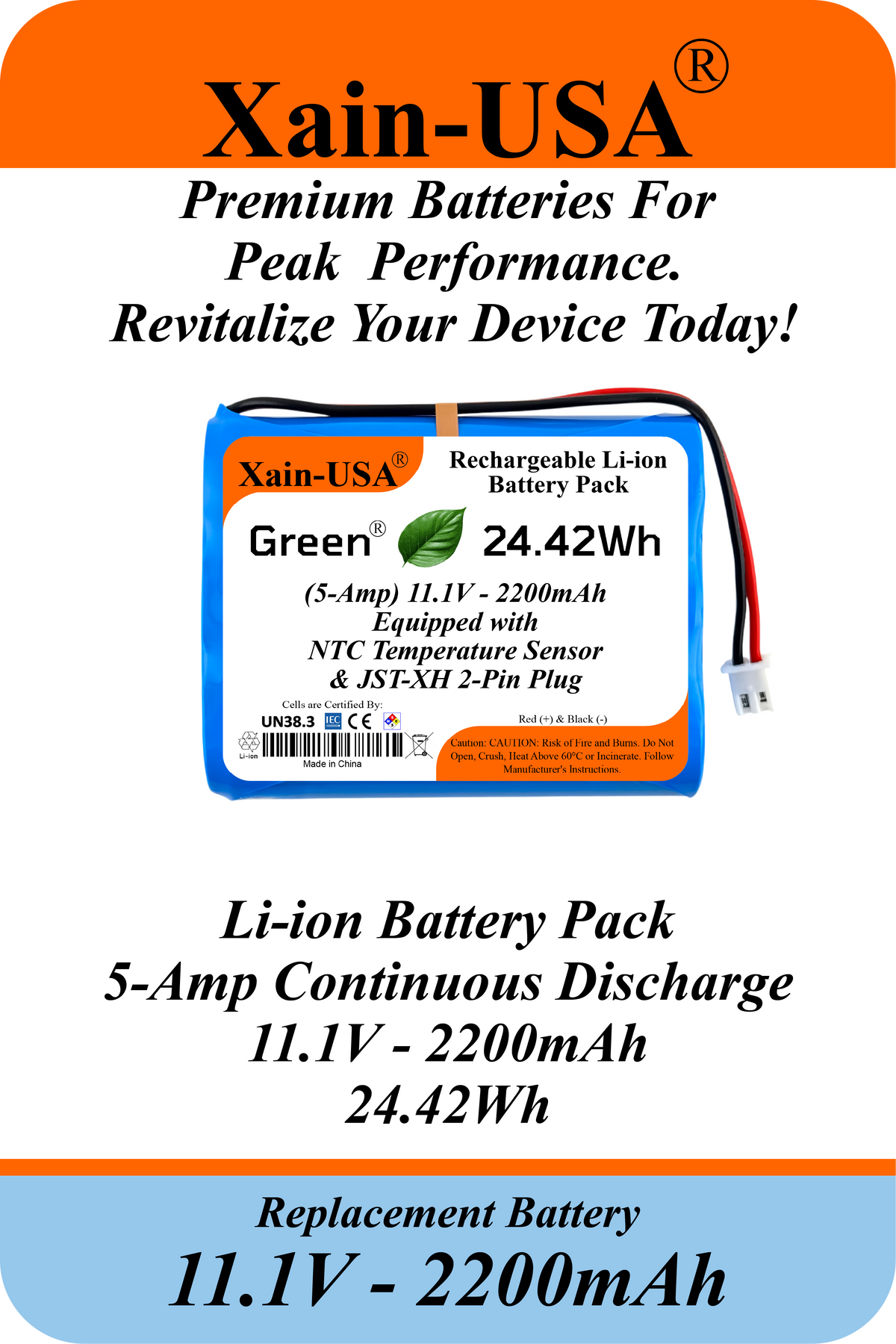 (5-Amp) 11.1V 2200mAh Rechargeable Li-ion Battery Pack | JST-XH 2-Pin Connector | Built-in BMS Protection and NTC Temperature Sensor