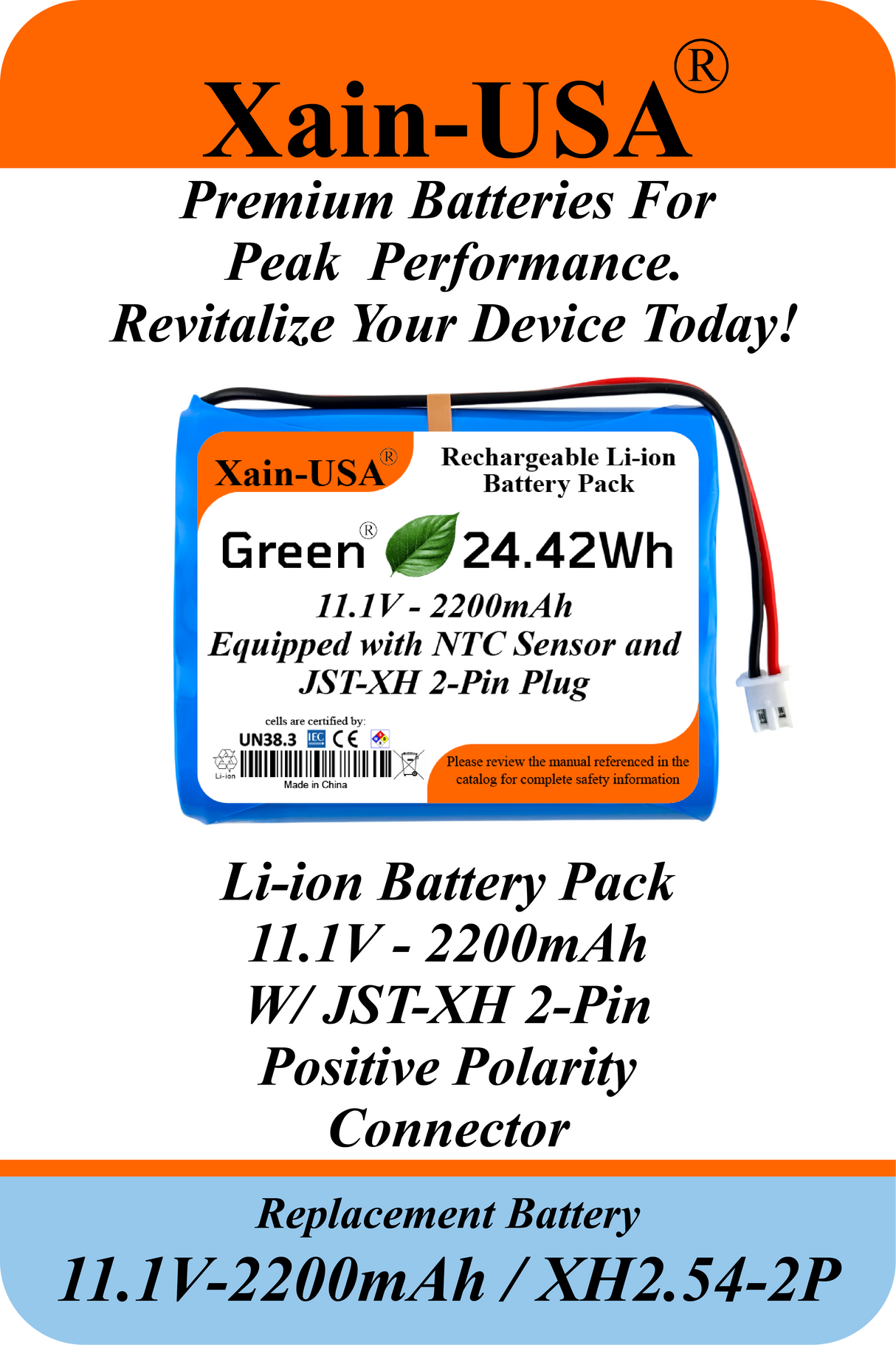 11.1V 2200mAh Rechargeable Li-ion Battery Pack, 3S1P 18650, 24.42Wh, JST-XH 2-Pin Connector, Built-in BMS Protection and NTC Temperature Sensor