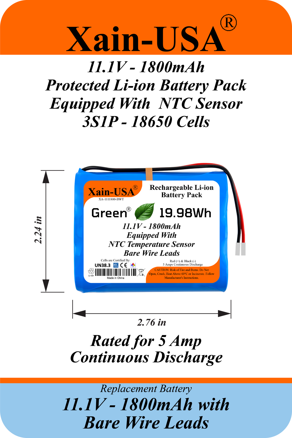 Xain-USA 11.1V 1800mAh Rechargeable Li-ion Battery Pack | 19.98Wh | 5A Continuous Discharge | Bare Wire Leads | Built-In BMS & 10KΩ NTC Thermistor | Emergency Lighting, DIY & Electronics
