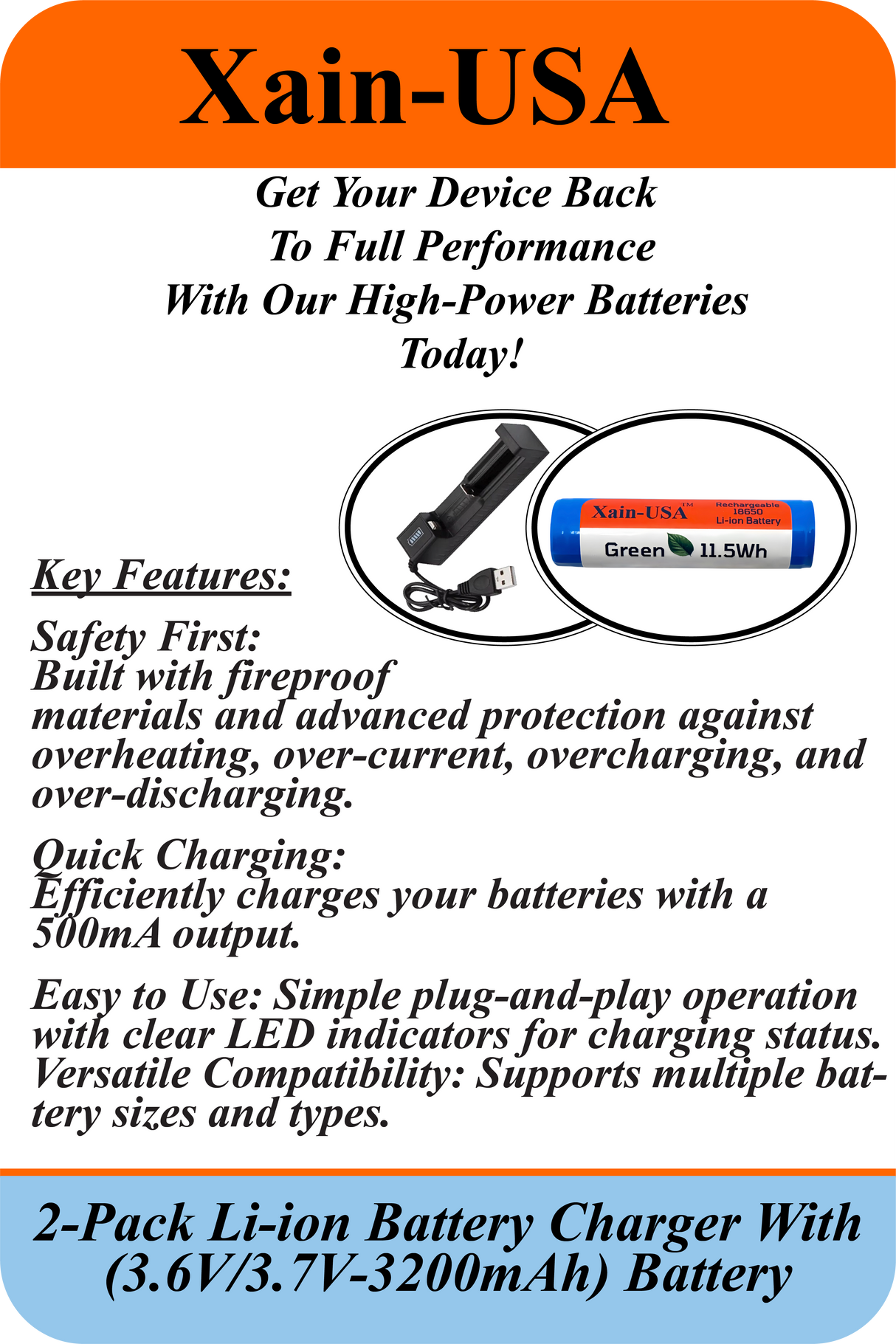 2-Pack: (Charger + 3.7V, 3200mAh Li-ion Rechargeable Battery). Ideal for flashlights, solar lights, torches, toys, radios, and other electronic devices.