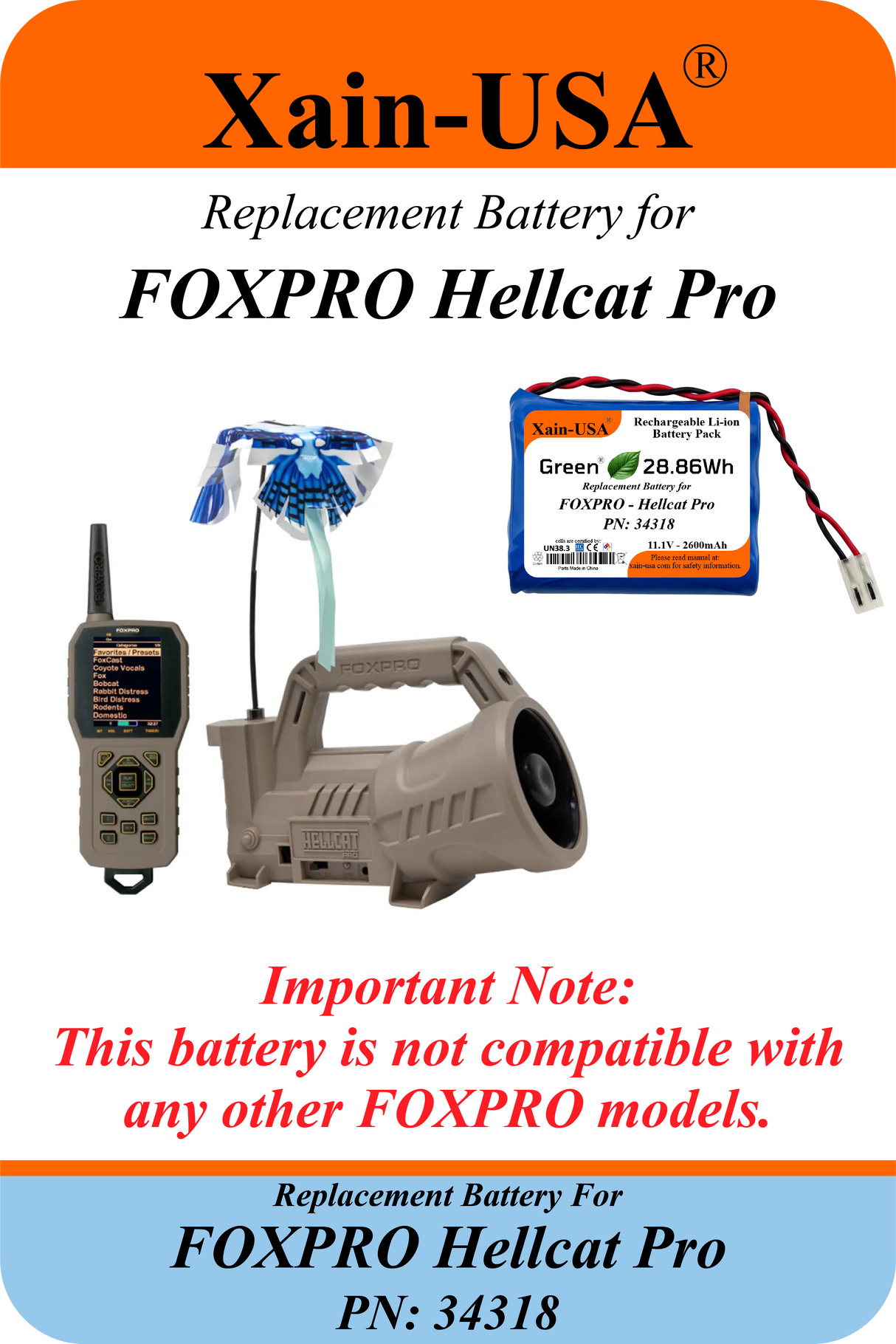 2600mAh Replacement Battery for FOXPRO Hellcat Pro PN: 34318