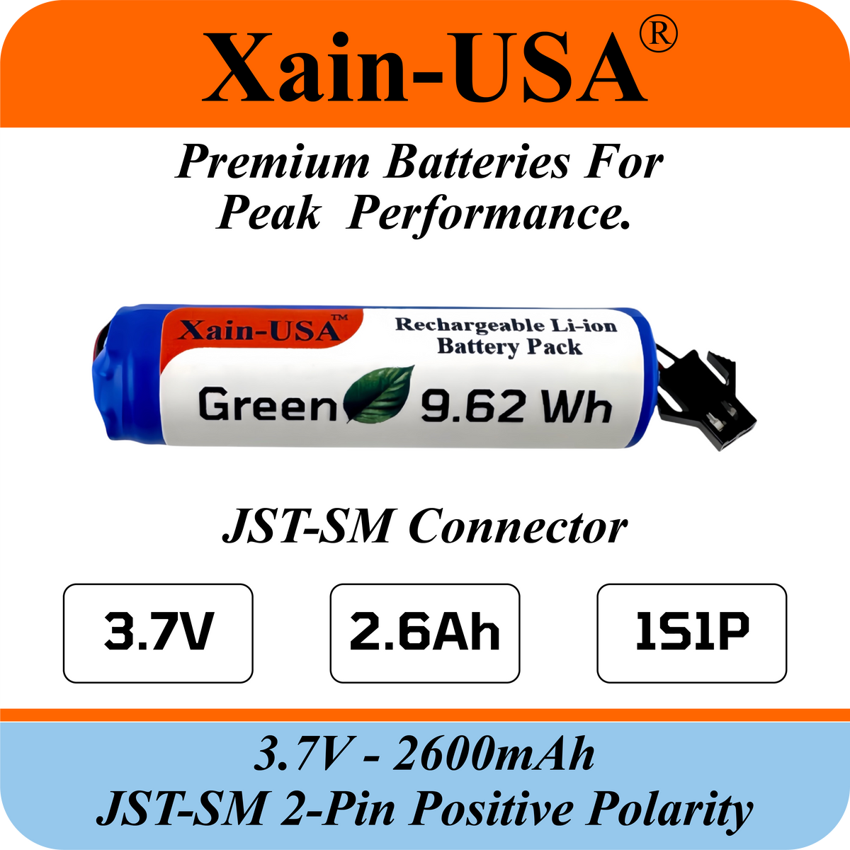 3.7V 2600mAh Li-ion Battery Pack with JST-SM 2-Pin Positive Polarity