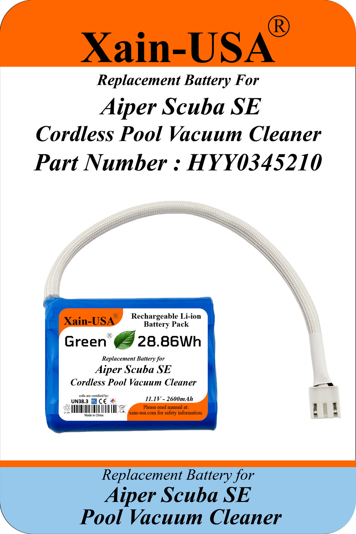 Xain-Pool Power | 2600mAh Upgraded Battery for Aiper Scuba SE Cordless Pool Vacuum Cleaner | 11.1V Extended Runtime Lithium-Ion Pack | OEM Replacement Part HYY0345210 / 3INR19/66