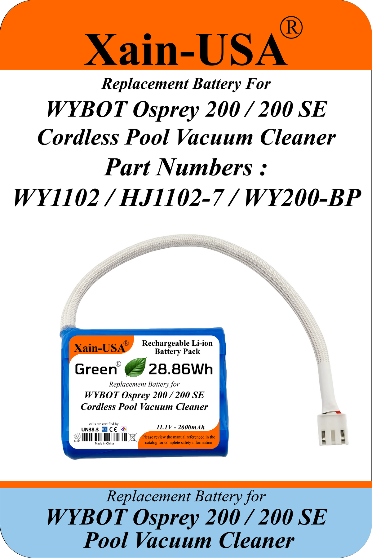 2600mAh Replacement Battery for WYBOT Osprey 200 / 200 SE Pool Vacuum | WY1102, HJ1102-7, WY200-BP | 11.1V 3S1P | JST-VH 3-Pin 2-Wire | BMS + NTC