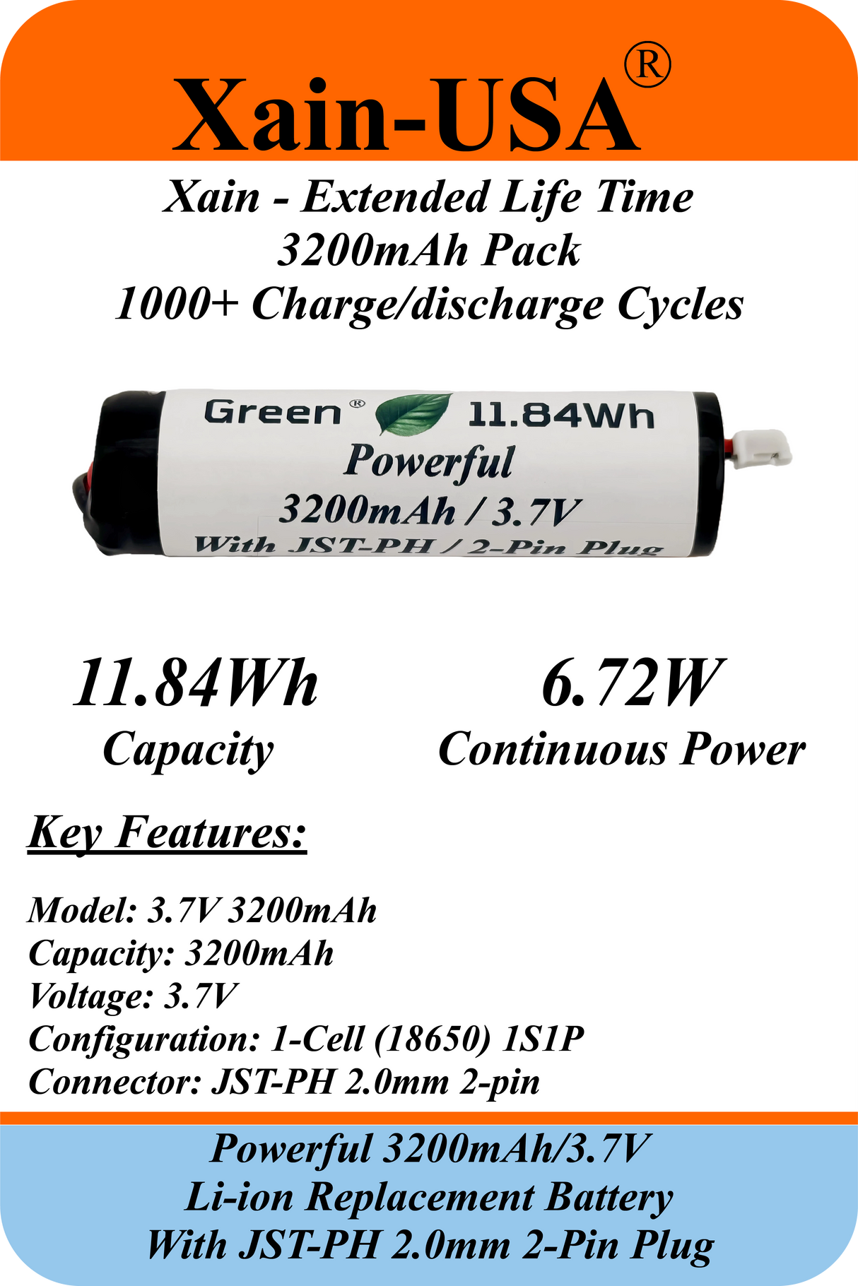 Xain-High Capacity 3.7V 3200mAh Li-ion Replacement Battery – JST‑PH 2‑Pin Connector / Long Lasting 1000+ Cycle / Compatible with flashlights, drones, RC toys, Solar Lights.