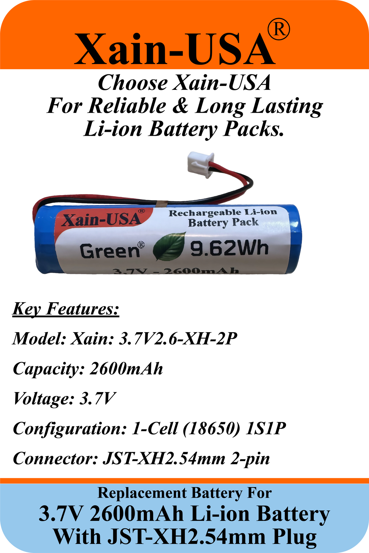 (2-Pack) 3.7V 2600mAh Li-ion Battery Pack (9.62Wh) with JST-XH 2-Pin Connector – Rechargeable 1S Pack for RC Cars, Robots, LED Lights, Portable Electronics, DIY Electronics Products