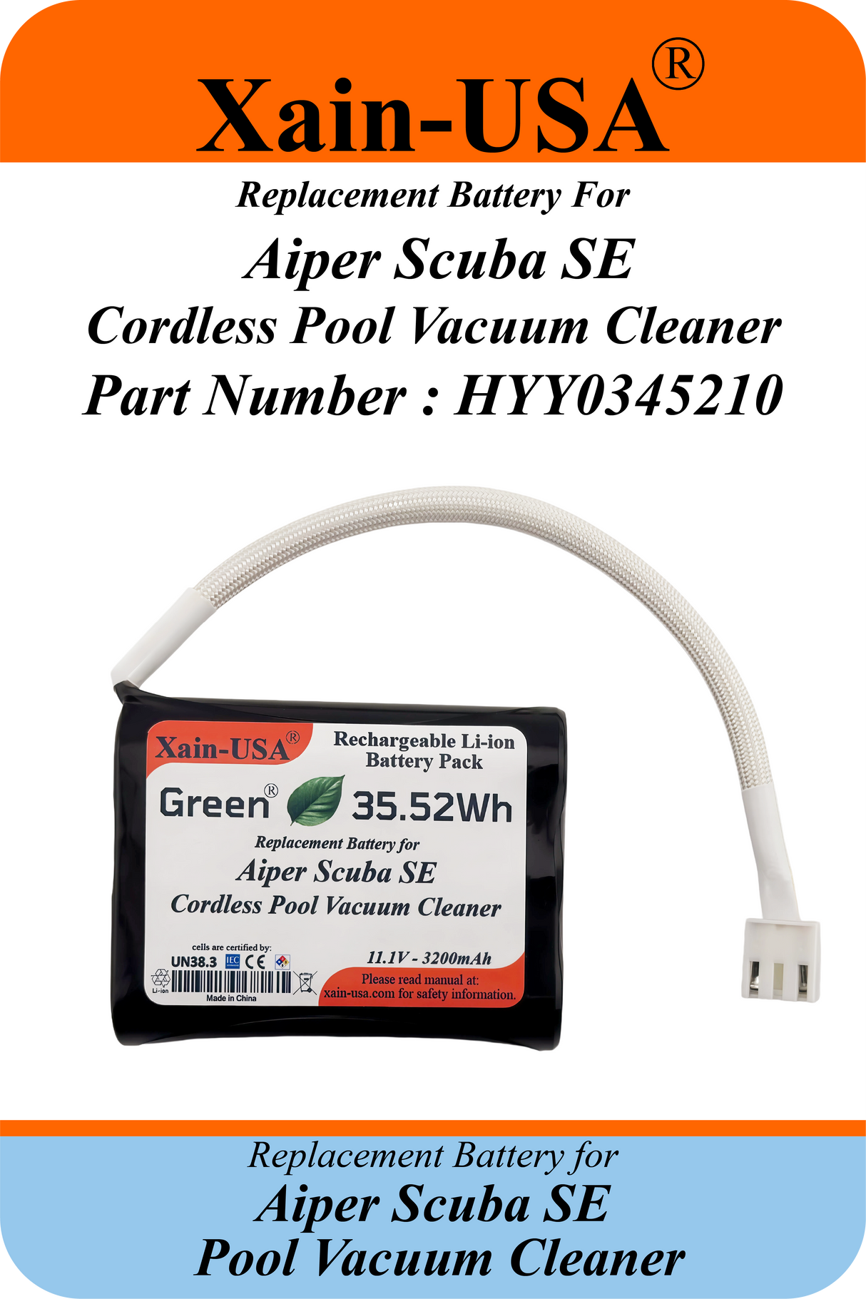 Xain-Pool Power | 3200mAh Upgraded Battery for Aiper Scuba SE Cordless Pool Vacuum Cleaner | 11.1V Extended Runtime Lithium-Ion Pack | OEM Replacement Part HYY0345210 / 3INR19/66