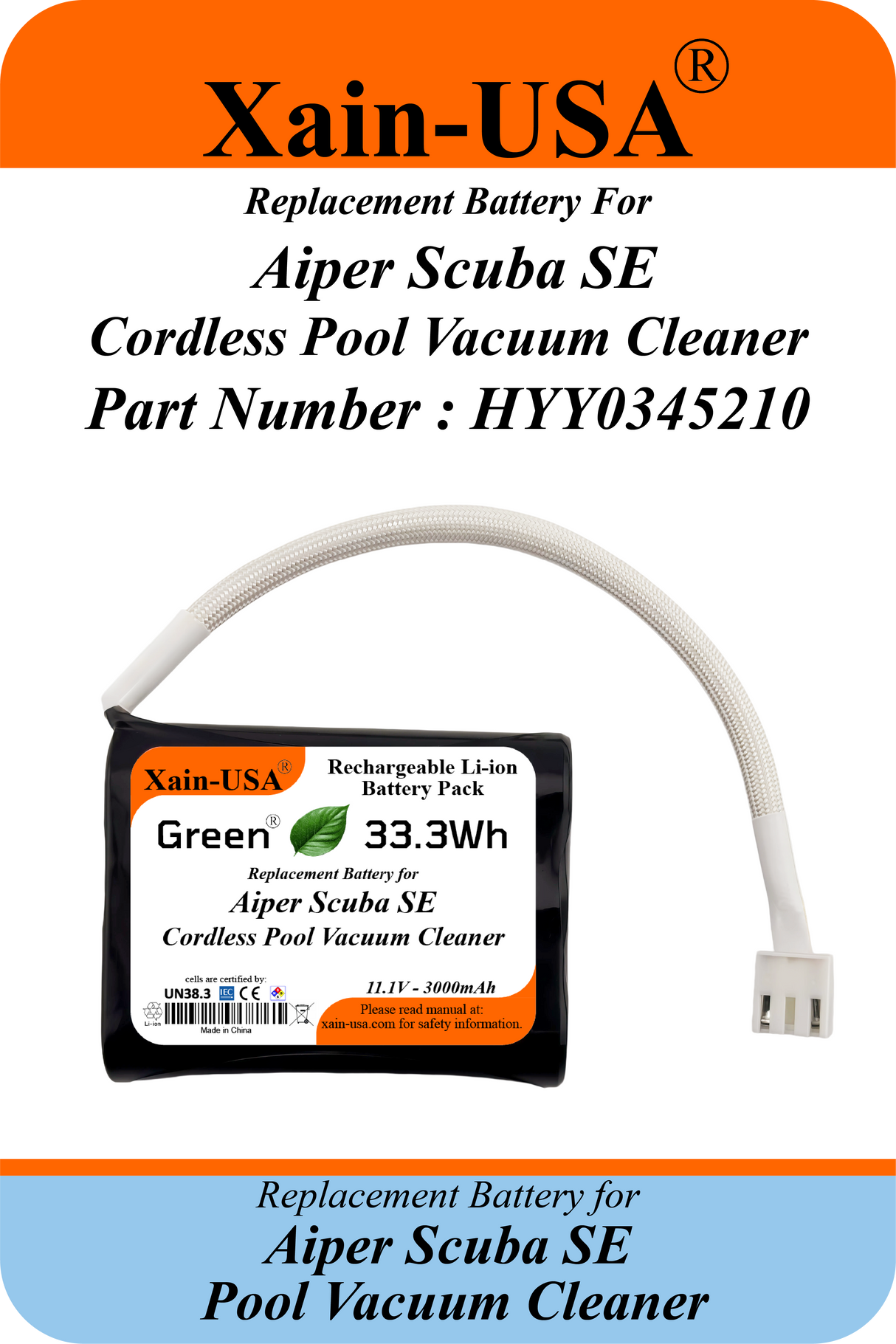 Xain-Pool Power | 3000mAh Upgraded Battery for Aiper Scuba SE Cordless Pool Vacuum Cleaner | 11.1V Extended Runtime Lithium-Ion Pack | OEM Replacement Part HYY0345210 / 3INR19/66
