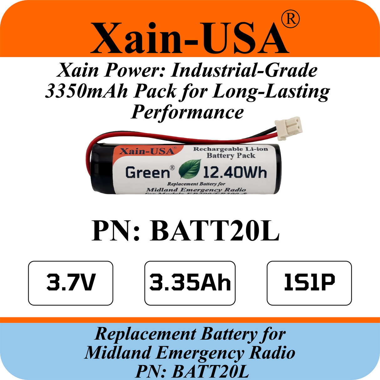High Capacity 3350mAh Rechargeable Replacement Battery — Compatible with Midland Emergency Weather Radios | Part No. BATT20L | Fits First-Generation ER200, ER210, ER300, and ER310 Models