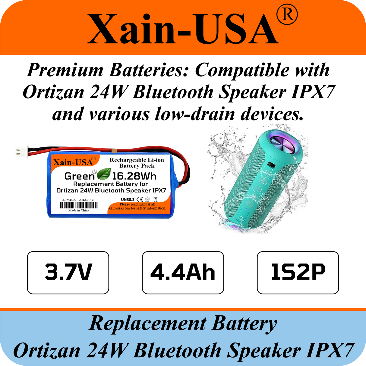 (2-Pack) Replacement Battery for Ortizan 24W Bluetooth Speaker IPX7 – 3.7V 4400mAh 16.28Wh Li-ion Rechargeable Pack with JST-XH 2P 2.54mm Connector
