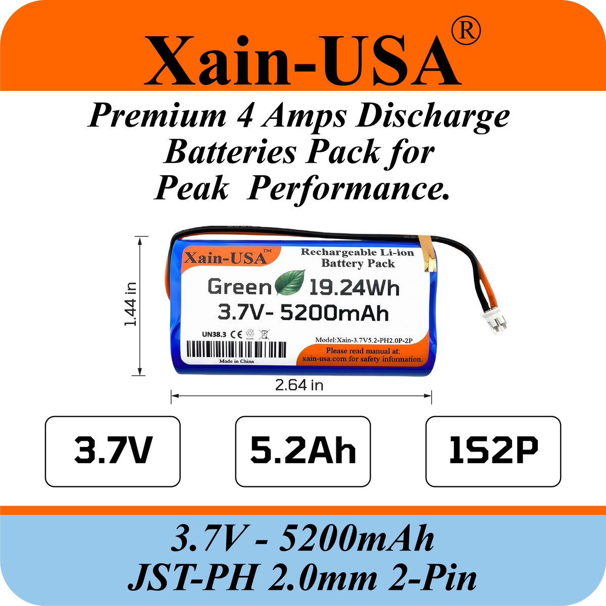 Premium 1S2P 3.7V 5200mAh / High Drain / Li-ion Battery Pack / with JST-PH 2-pin Plug / Supports 4A Continuous Discharge / Ideal for Bluetooth speakers, toys, lighting, and electronics.
