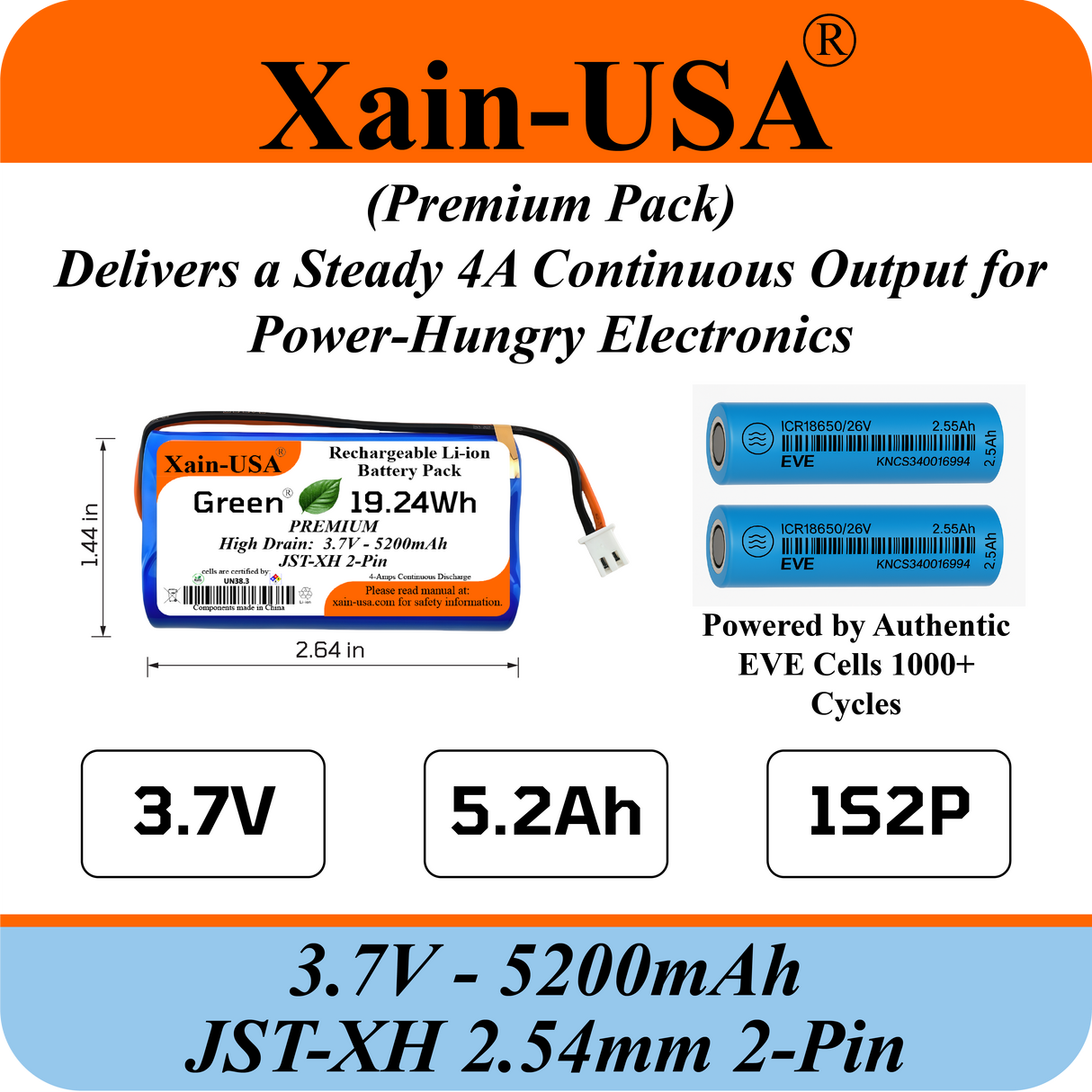 Premium 3.7V 5200mAh / High Drain / 1000+ cycles / Li-ion Battery Pack / with JST-XH 2-pin Plug / Supports 4A Continuous Discharge / Ideal for Bluetooth speakers, toys, lighting, and electronics.
