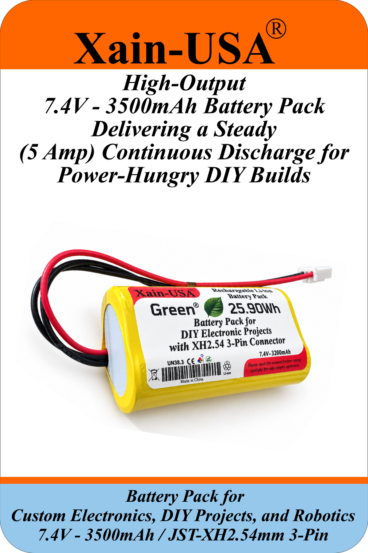7.4V 3500mAh Li-ion Battery Pack for DIY Electronics and Robotics, JST-XH 3-Pin Connector, Balance Charging, Built-in BMS, 5A Continuous Discharge