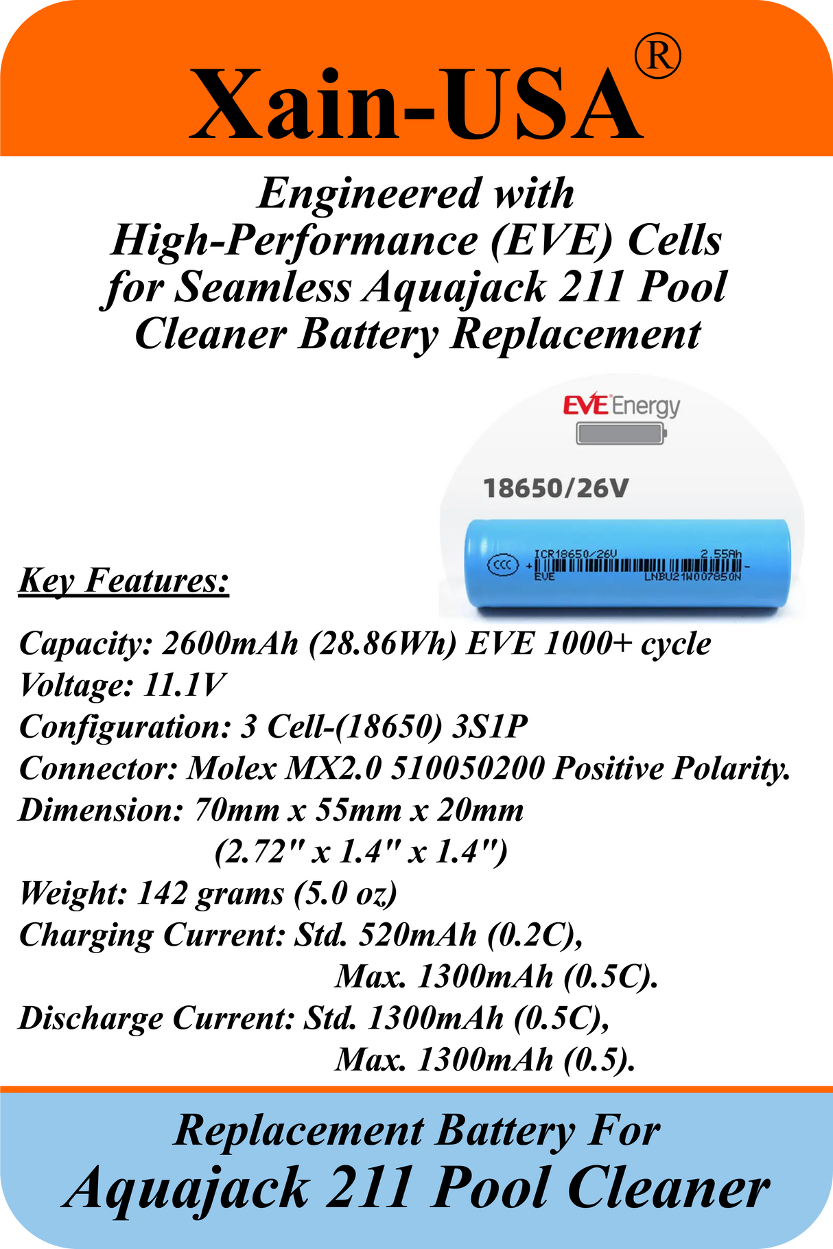 Long-Life Lithium-ion Replacement Battery for Aquajack 211 Pool Cleaner | High-Performance Xain-Xtra Cell 1000+ Charge/Discharge Cycles / 11.1V 2600mAh