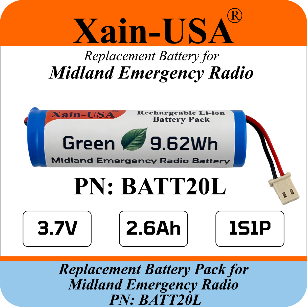 (2-Pack) 2600mAh Replacement Battery for Midland Emergency Radio PN: BATT20L, 1st Gen. ER200 / ER210 / ER300 / ER310