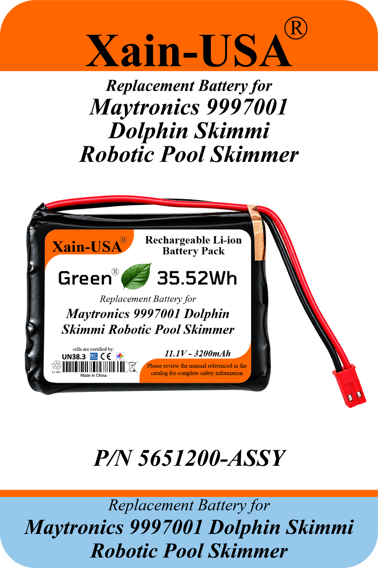 11.1V 3200mAh Replacement Battery for Maytronics 9997001 Dolphin Skimmi Robotic Pool Skimmer, Maytronics P/N 5651200-ASSY, with Built-in BMS and NTC Temperature Sensor