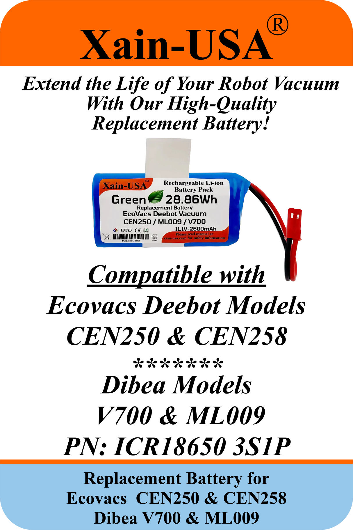 (1-Pack) 11.1V 2600mAh Li-ion Replacement Battery, 28.86Wh – Compatible with Ecovacs CEN250, CEN258 & Dibea ML009, V700