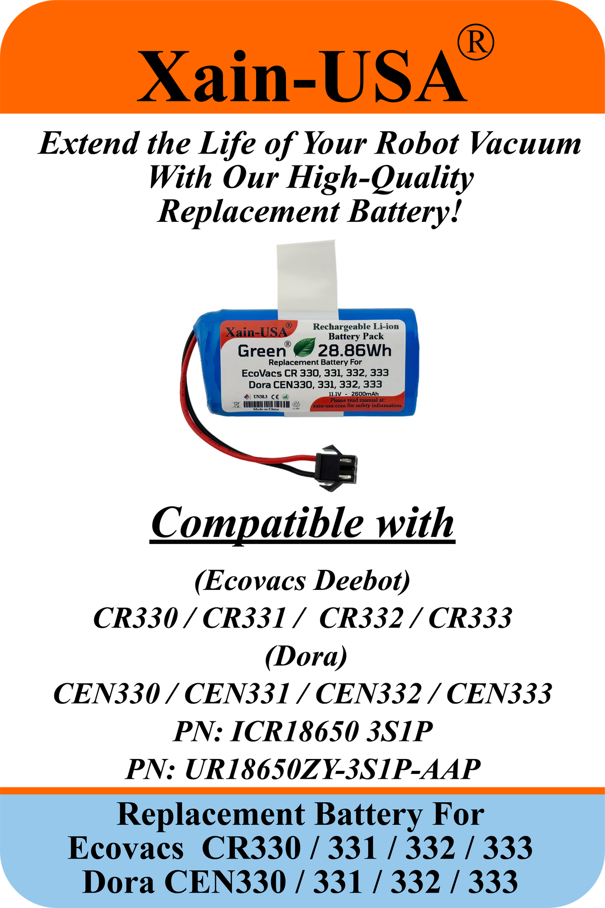 (1-Pack) 11.1V 2600mAh Replacement Battery for Ecovacs CR330, CR331, CR332, CR333, And Dora CEN330, CEN331, CEN332, CEN333 – PN: ICR18650 3S1P & UR18650ZY-3S1P-AAP (28.86Wh)