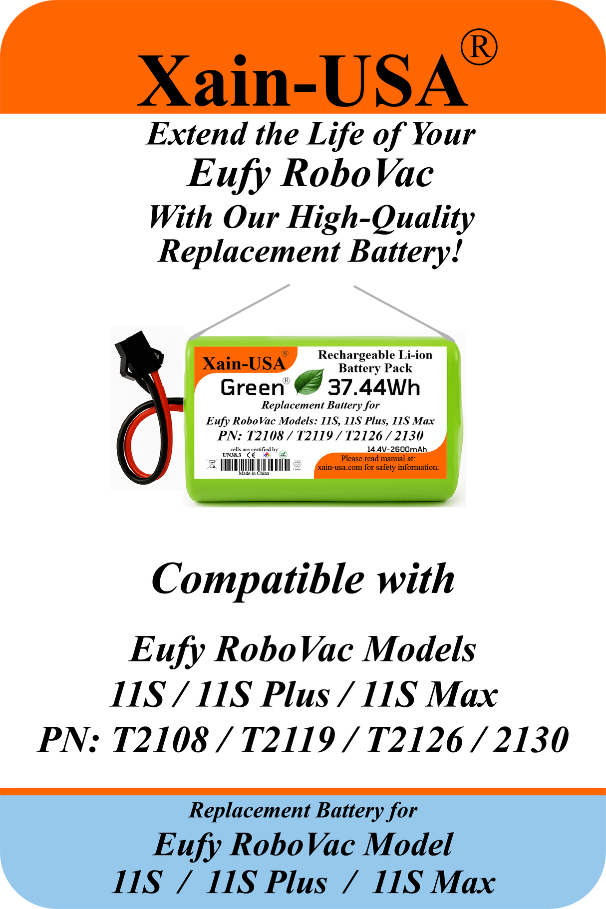 14.4V 2600mAh Li-ion Replacement Battery for Eufy RoboVac 11S (T2108) 11S Plus (T2119) 11S Max (T2126 / T2130) 3-Pin Connector High-Capacity Rechargeable Battery Pack