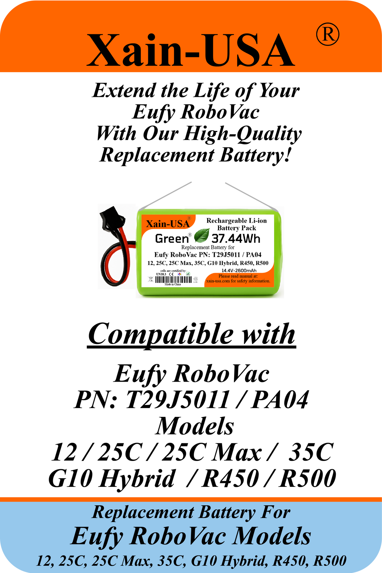 2600mAh Li-ion Replacement Battery Compatible with Eufy RoboVac PN: T29J5011 / PA04 Models: 12, 25C, 25C Max, 35C, G10 Hybrid, R450, R500 - 3-Pin Connector