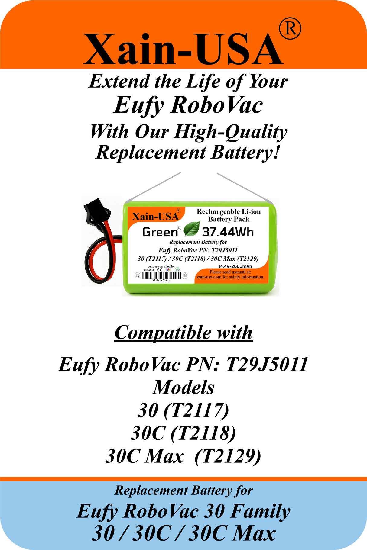 Eufy RoboVac Replacement Battery 14.4V 2600mAh Li-ion, 3-Pin Connector, Compatible with T2108 / T2119 / T2126 / T2130 — High-Capacity Rechargeable Robotic Vacuum Battery Pack