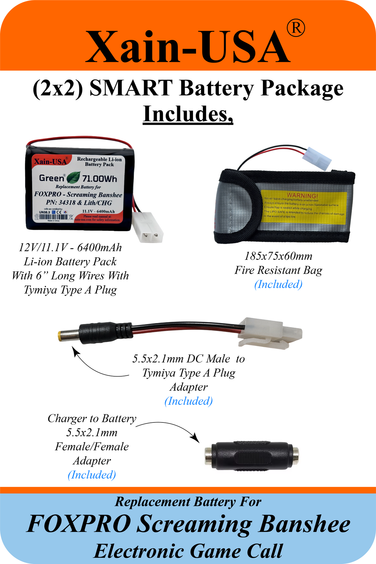 (Xain-HUNT) Powerful 6400mAh SMART Package replacement battery for FOXPRO PN: Lith/CHG & PN: 34318 / fits: Banshee, Hellfire, Krakatoa-ii, Screaming Banshee, Shockwave, Snow Commando, X1 X24 X2S Xwave