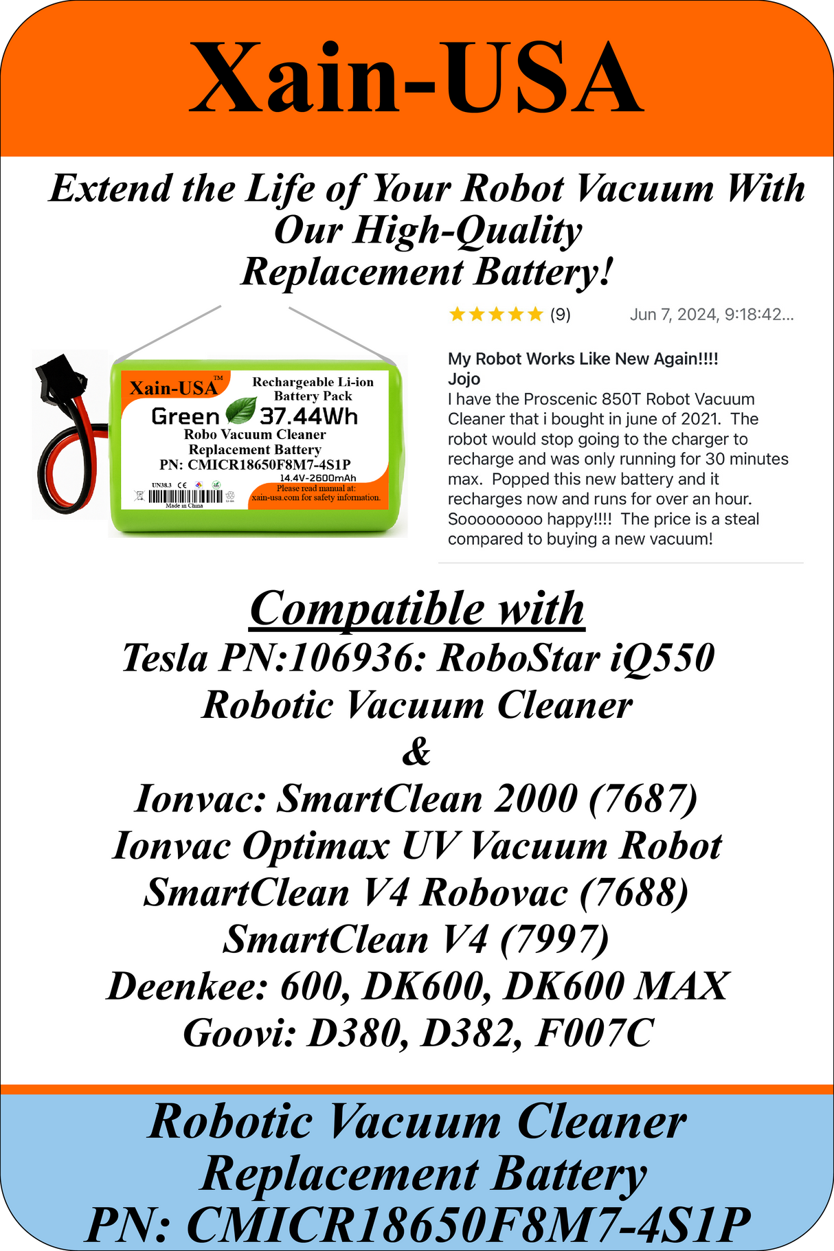 Replacement Battery for Tesla RoboStar iQ550 Robot Vacuum Cleaners 14.4V - 2600mAh (37.4Wh) with Built-in Battery Management System (BMS)