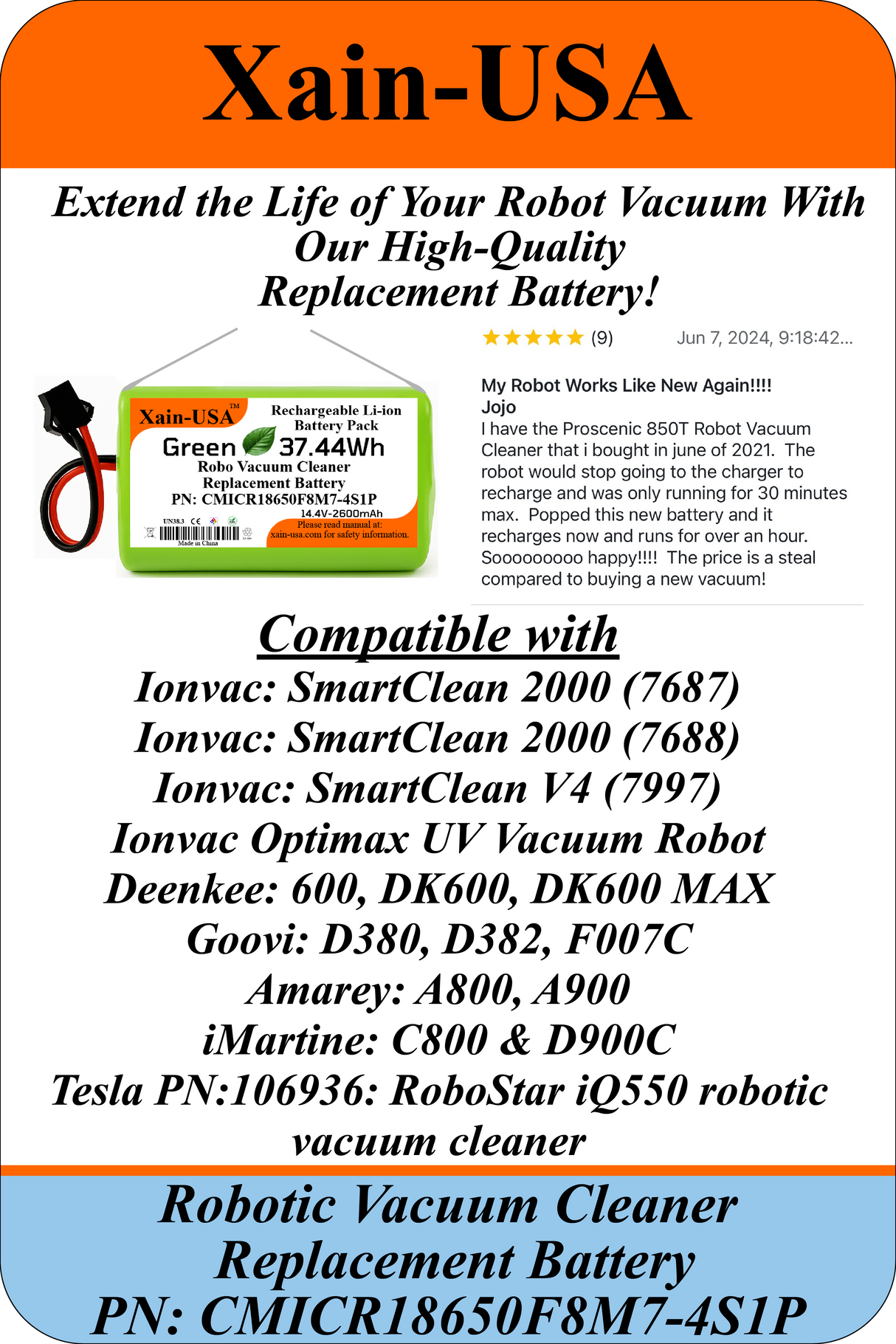 (Xain-Vac) Long-lasting Battery for Ionvac SmartClean 2000 Robovac 7687 / 7688 and Ionvac SmartClean V4 (7997) Robot Vacuum Cleaners 14.4V - 2600mAh (37.4Wh)