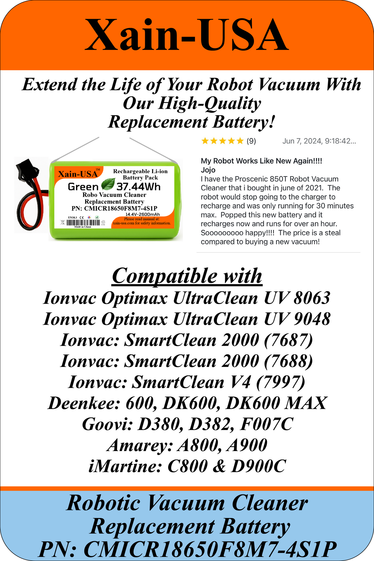Replacement Battery for Ionvac Optimax UltraClean UV 8063 / 9048 Robot Vacuum Cleaners 14.4V - 2600mAh (37.4Wh) with Built-in Battery Management System (BMS)