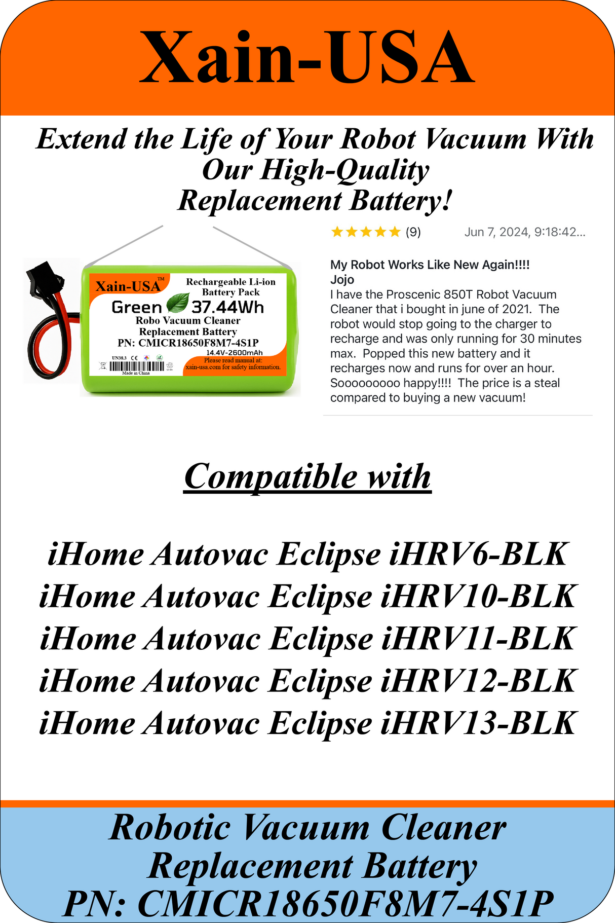 Replacement Battery 14.4V 2600mAh (37.4Wh) for iHome Autovac Eclipse Robot Vacuum Cleaners iHRV6-BLK iHRV10-BLK iHRV11-BLK iHRV12-BLK iHRV13-BLK